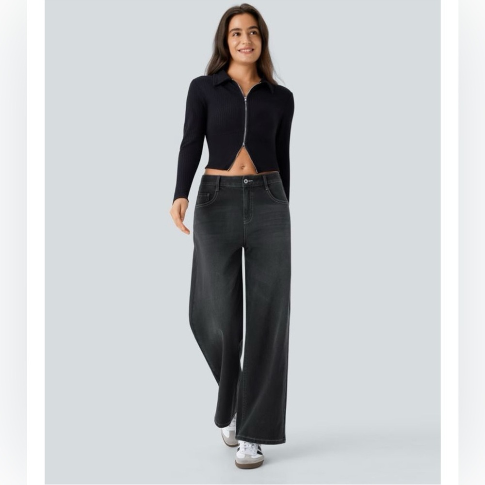Halara Flex™ Low Rise Zipper Pockets Washed Baggy Wide Leg Casual Jeans